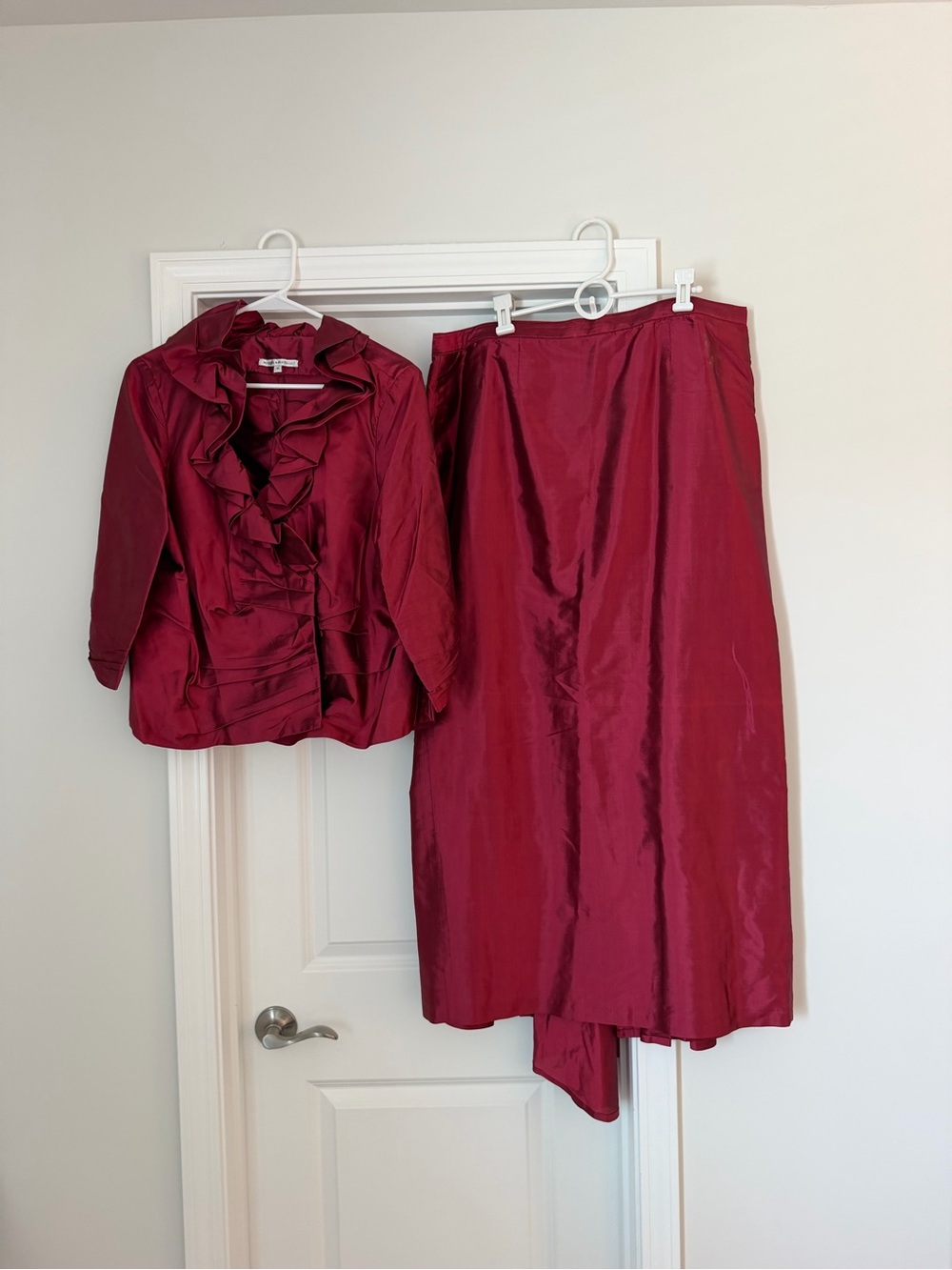 Formal Burgundy Satin Skirt and Jacket Set